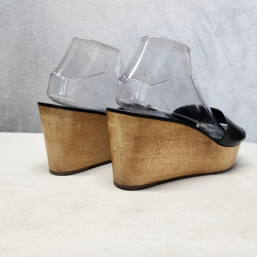 Tory Burch Ines Sandals Womens Size 9.5 Black Leather Wooden Wedge Platform